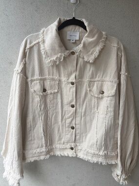 Cream Oversized Frayed Raw Edge Denim Jacket Shacket Boho Western M HYFVE